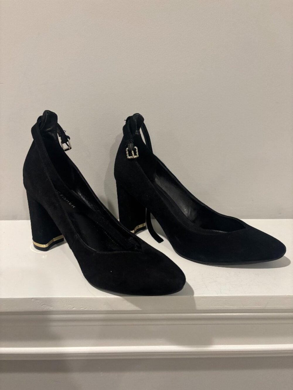 Marc Fisher Black Suede Ankle Strap Block Heel Pumps